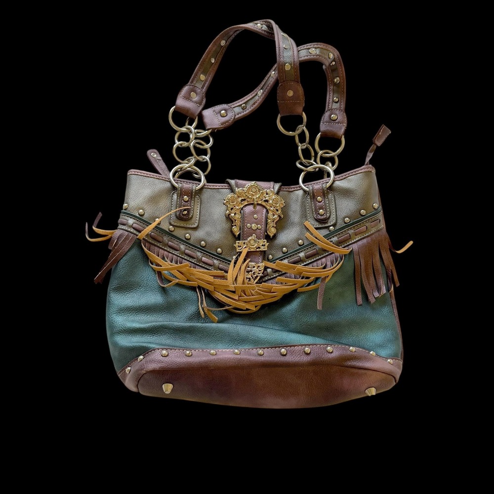 Y2K Cowgirl Trendy Western Fringe Studded Shoulder Bag Bronze Teal